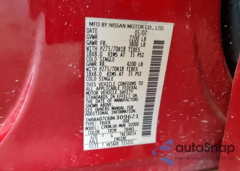 2008 Nissan Titan Xe from USA, damaged, VIN 1N6BA07C68N309621